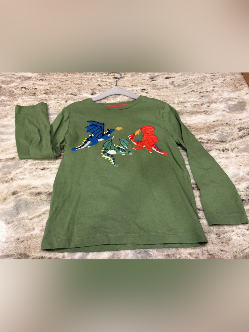 Mini Boden Olive Green Long-Sleeve Tee with Colorful Dragon Appliqués size 3-4